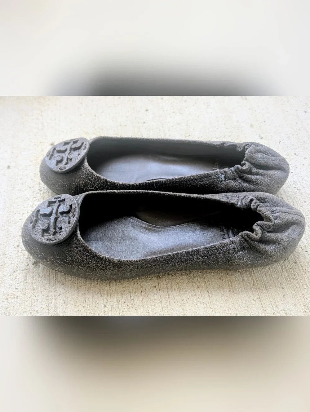 Tory Burch Brown Distressed Crinkled Leather Logo Ballet Flats
